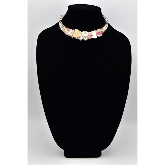 Wendy Gell Vintage Collar Necklace Cluster Pink AB Crystal Pearl Signed 80s BinN - Picture 4 of 12